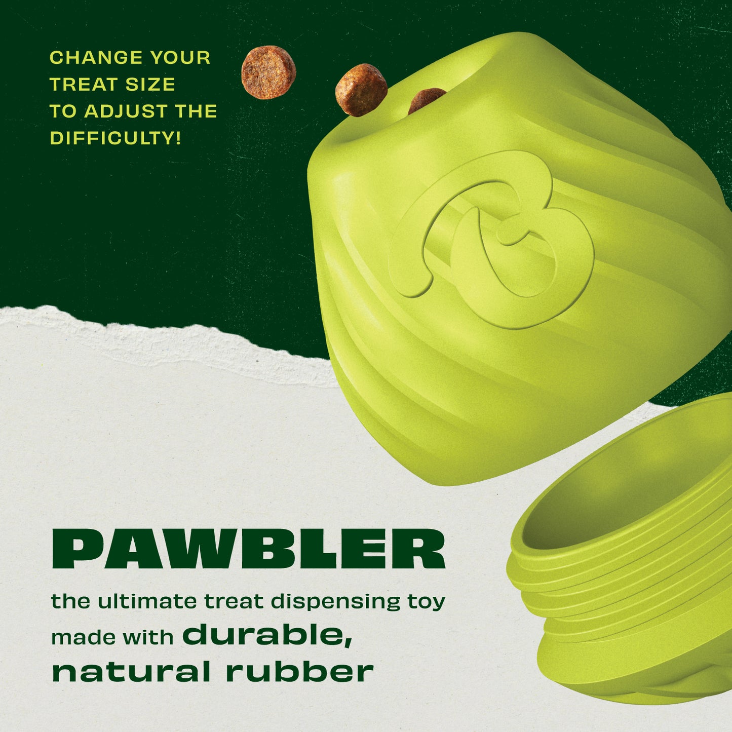 Introducing the Benebone Bounce Pawbler: the Ultimate Treat Dispensing Toy Made with Durable, Natural Rubber. Change Your Treat Size to Adjust the Difficulty!
