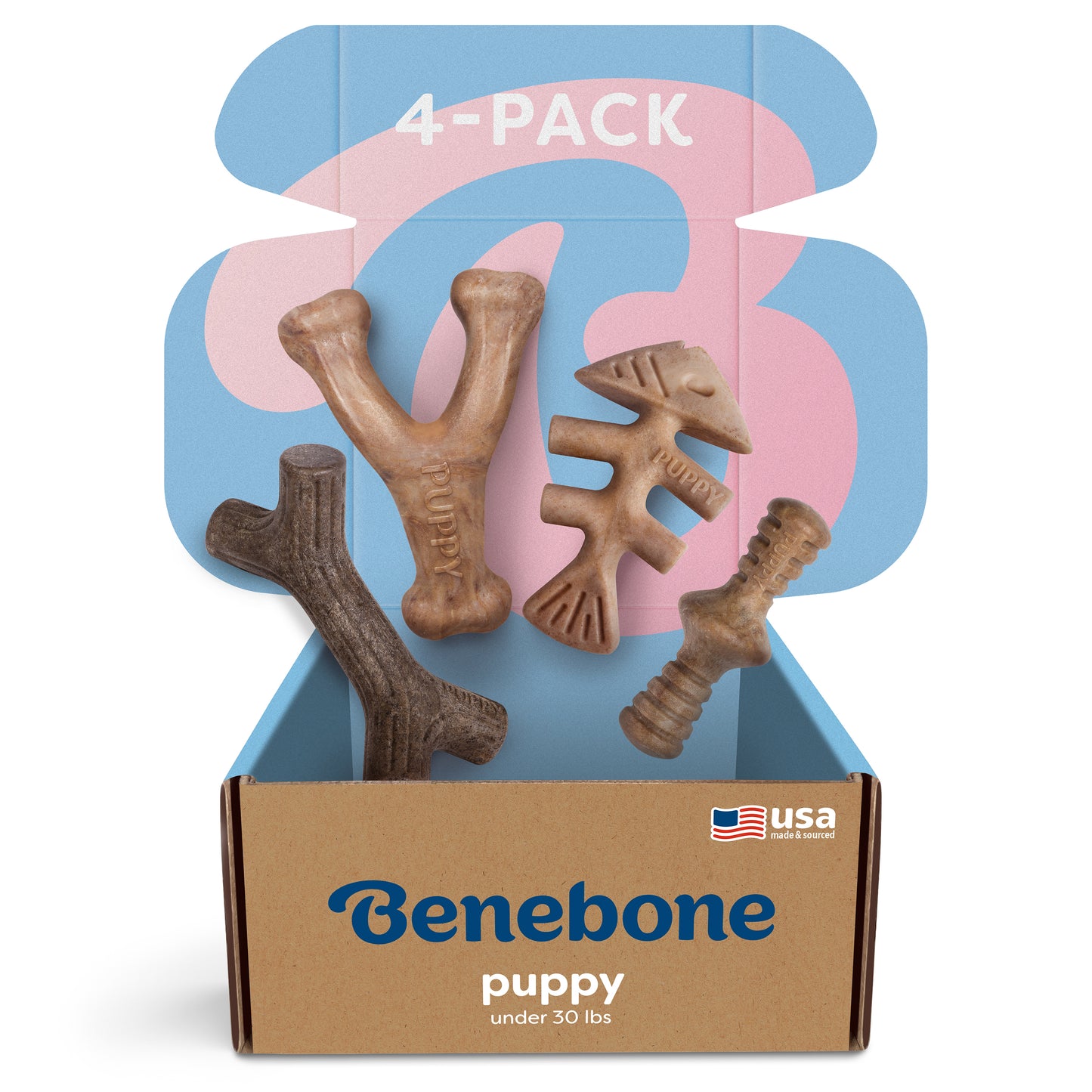 Benebone Puppy 4-Pack Box for Dogs Under 30 Pounds (Stick, Wishbone, Fishbone, Zaggler)