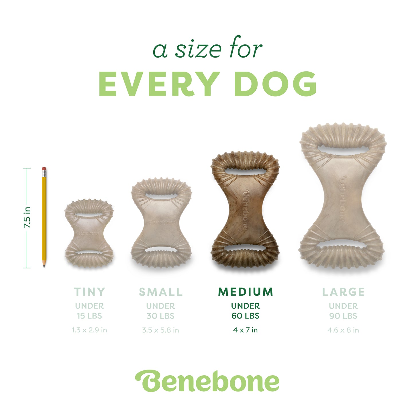 A size for every dog. Size guide: medium dental chew, under 60 lbs.