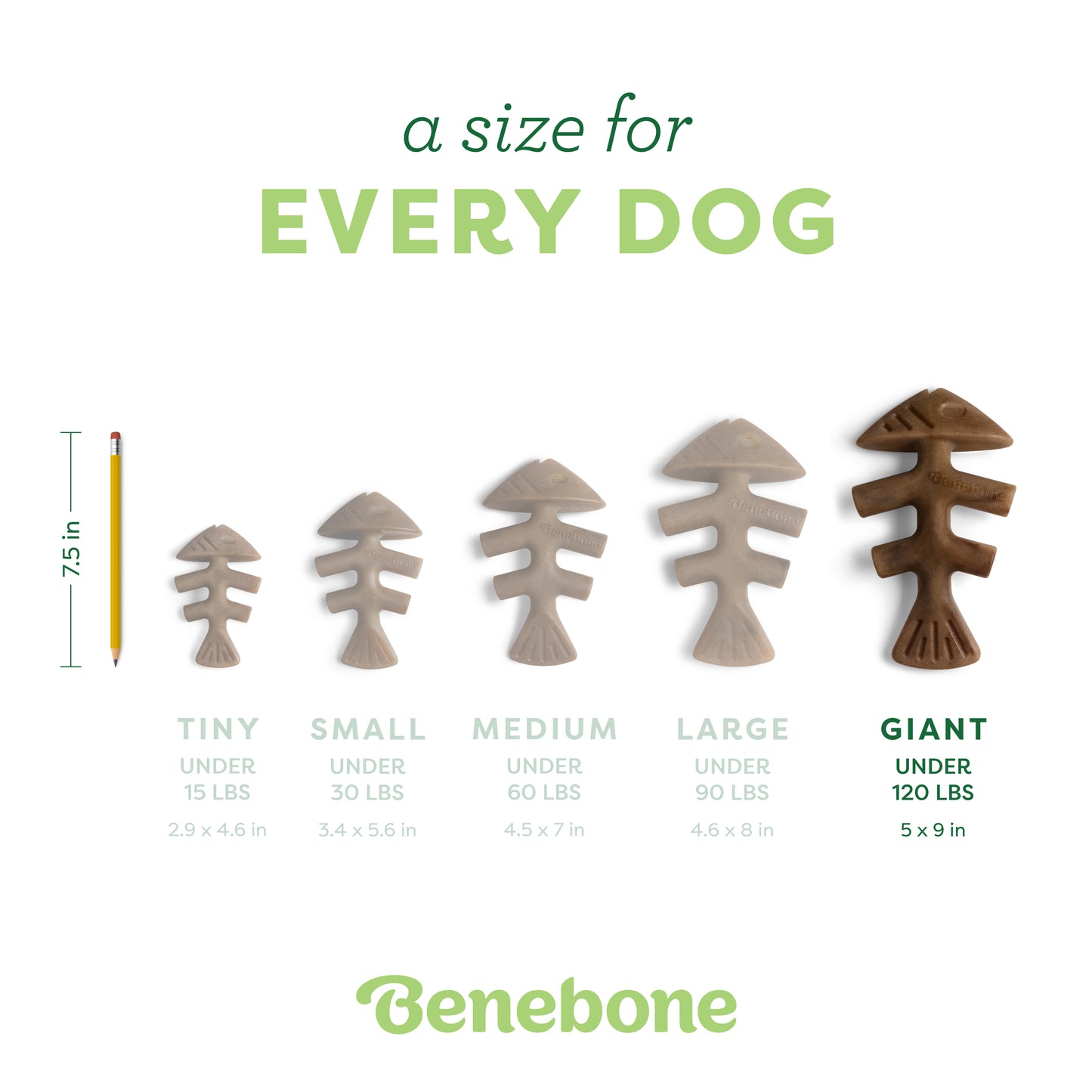 A size for every dog. Size guide: giant fishbone, under 120 lbs.