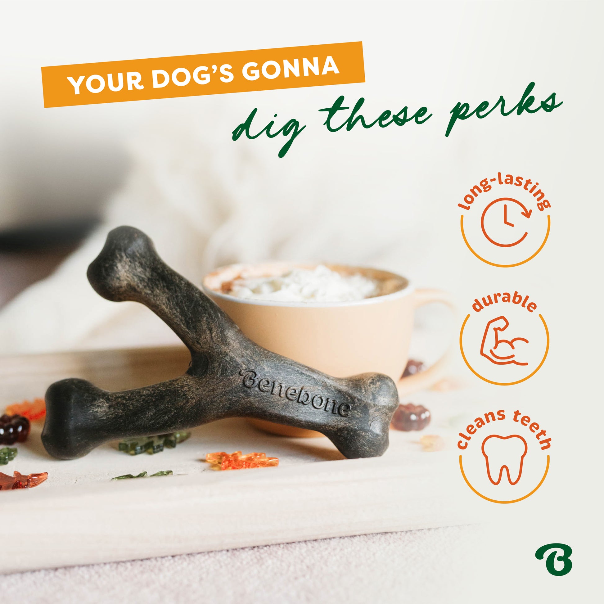 Your dog's gonna dig these perks: long-lasting, durable and cleans teeth. Close up of a Pumpkin Spice Wishbone next to a cup of coffee.