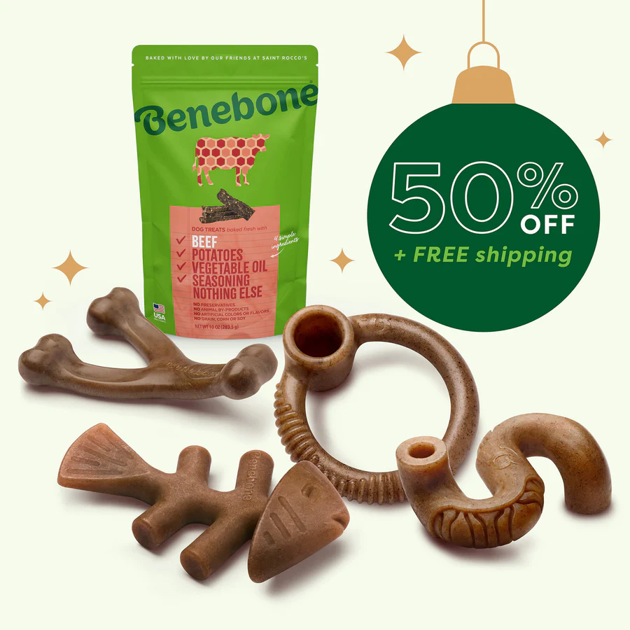 Image shows bag of treats and Benebones. Text reads 50% off + free shipping.